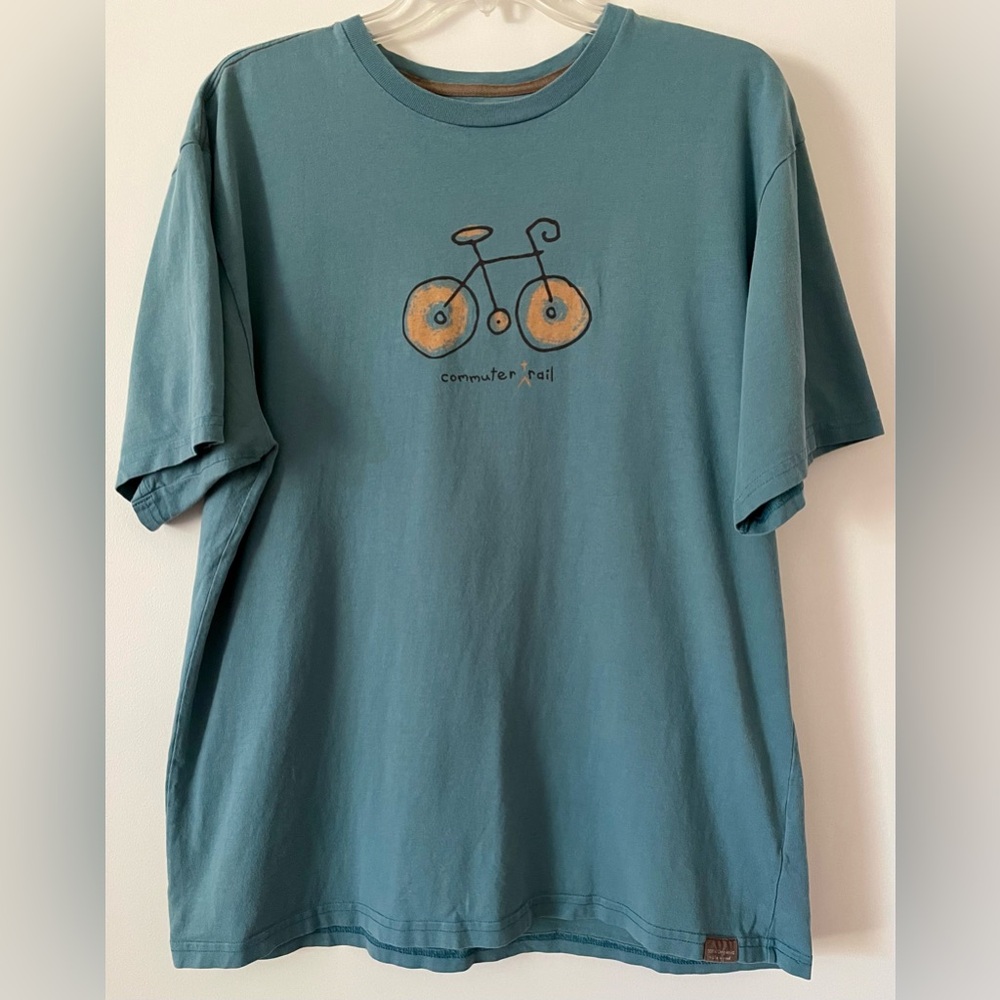 Good Karma Men’s Sz Large Green/Blue Commuter Trail Short Sleeve T shirt Bike